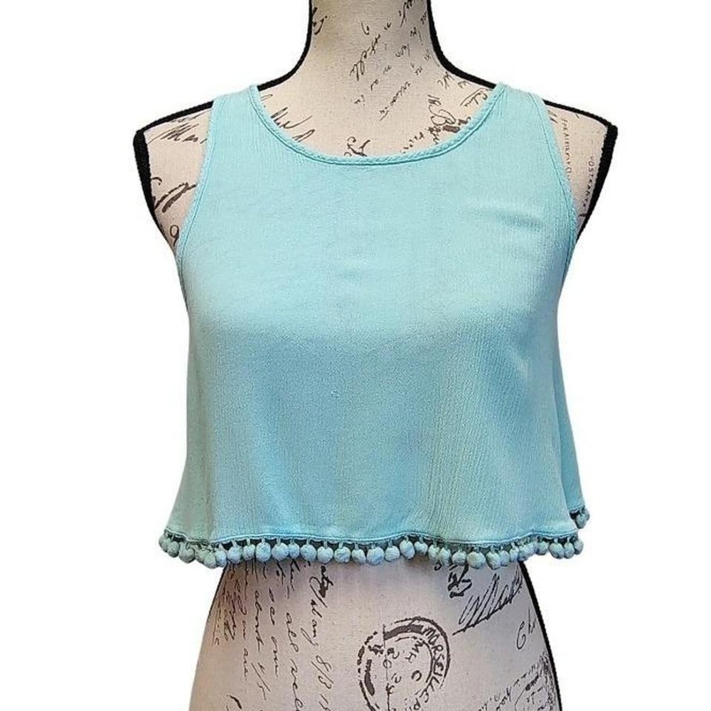 Forever 21 Beachside Resort Teal Open Cross Back Crop Top Medium Pom Pom Boho